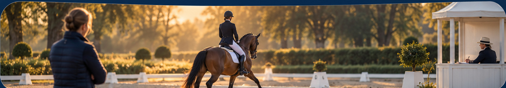 Cavalière de dressage observée par son coach et un juge