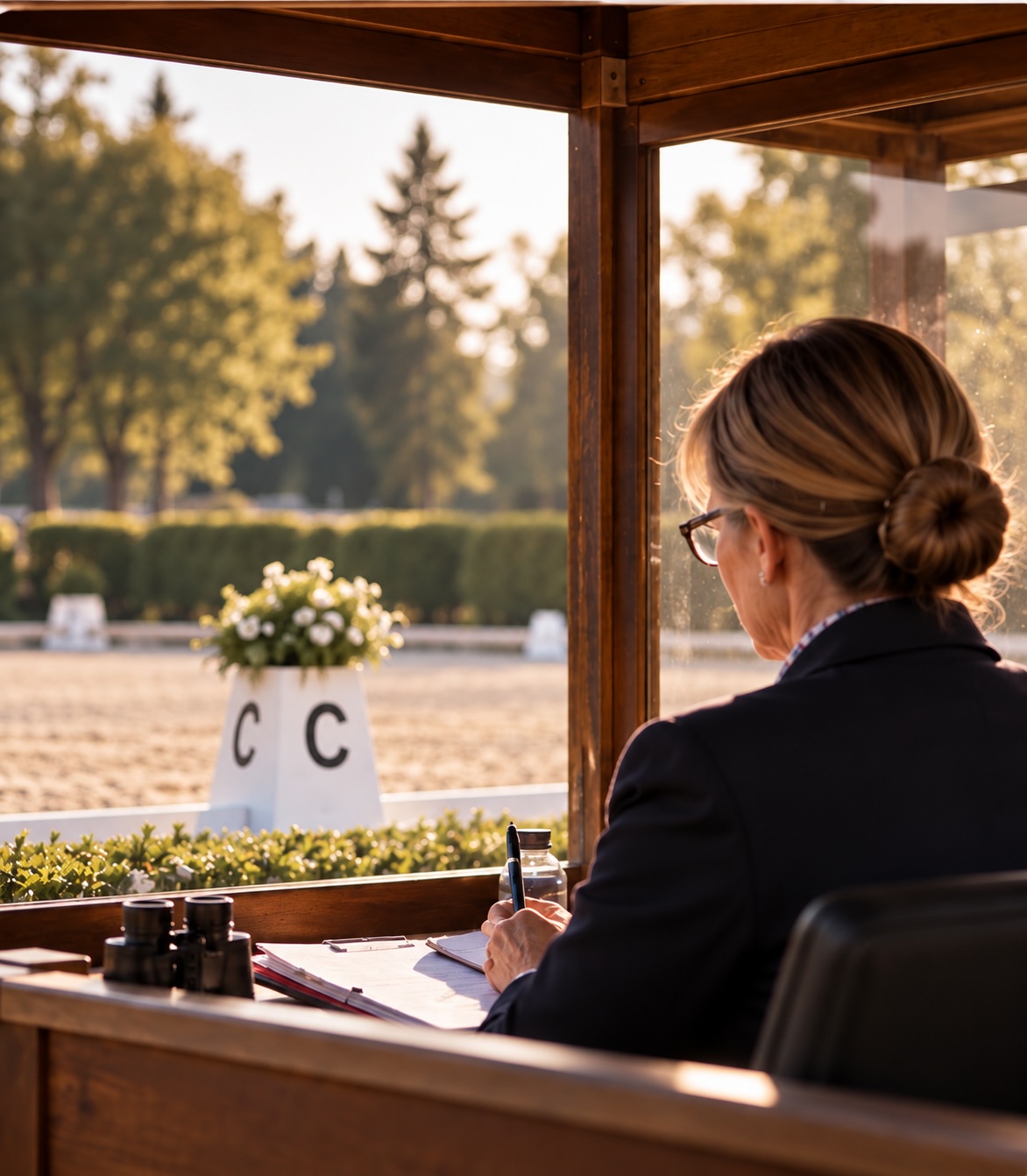 Juge de dressage dans sa cabine à la lettre A